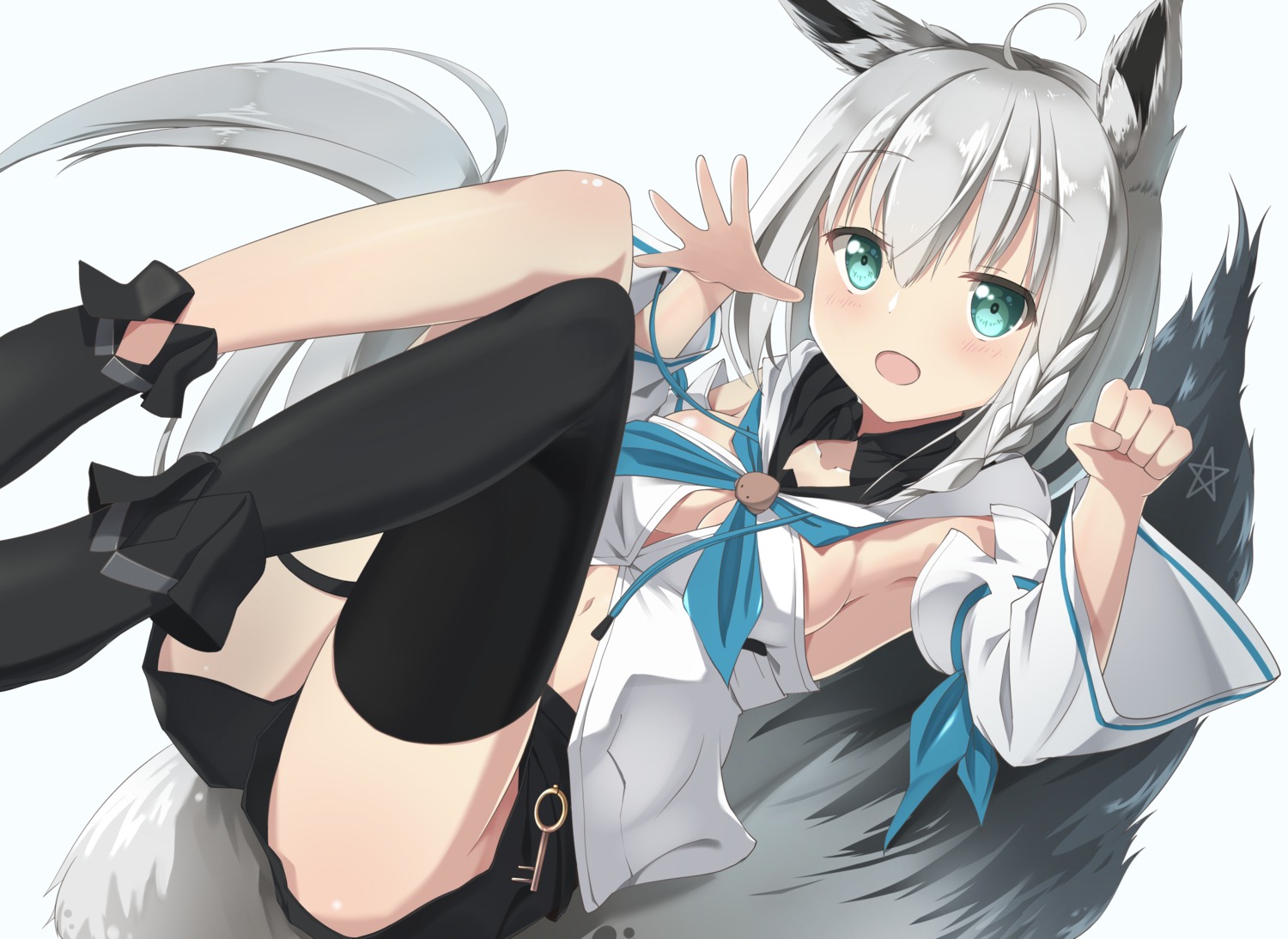 aies animal_ears garter hololive hololive_gamers kitsune no_bra shirakami_fubuki tail thighhighs underboob