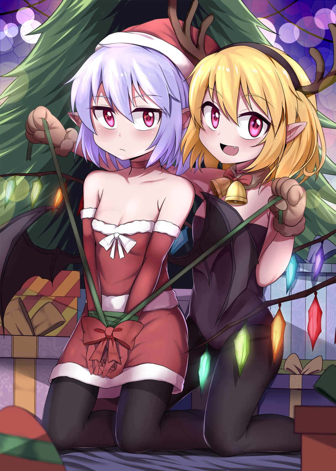 bondage caibao christmas cleavage dress flandre_scarlet horns leotard pantyhose pointy_ears remilia_scarlet touhou wings