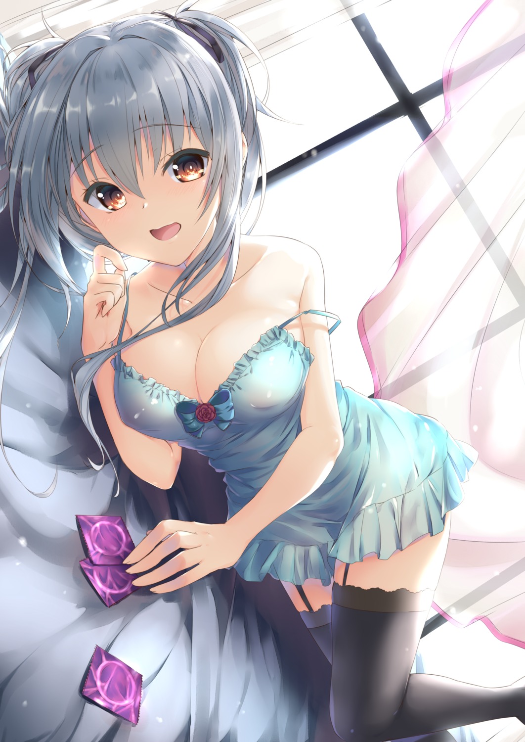 cleavage dress erect_nipples miyashita_maka stockings thighhighs