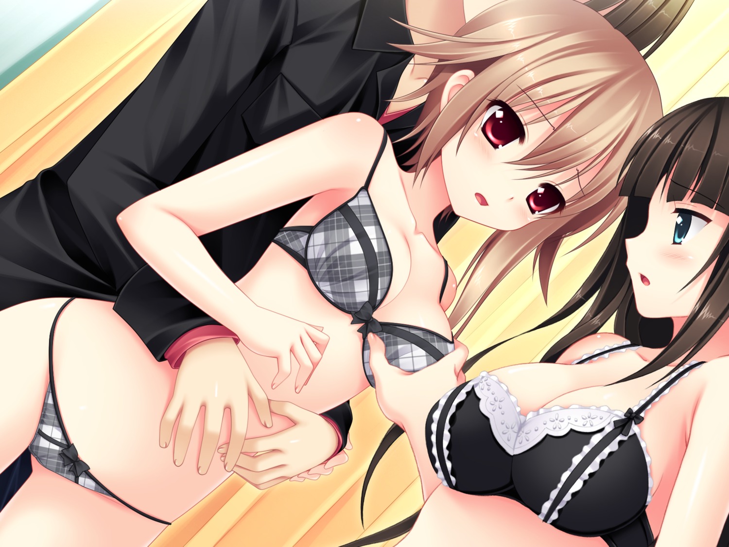 bra breast_grab cleavage game_cg kamishima_kaede makita_maki mecha_con! narusawa_sora onomatope* pantsu sakurajima_moe