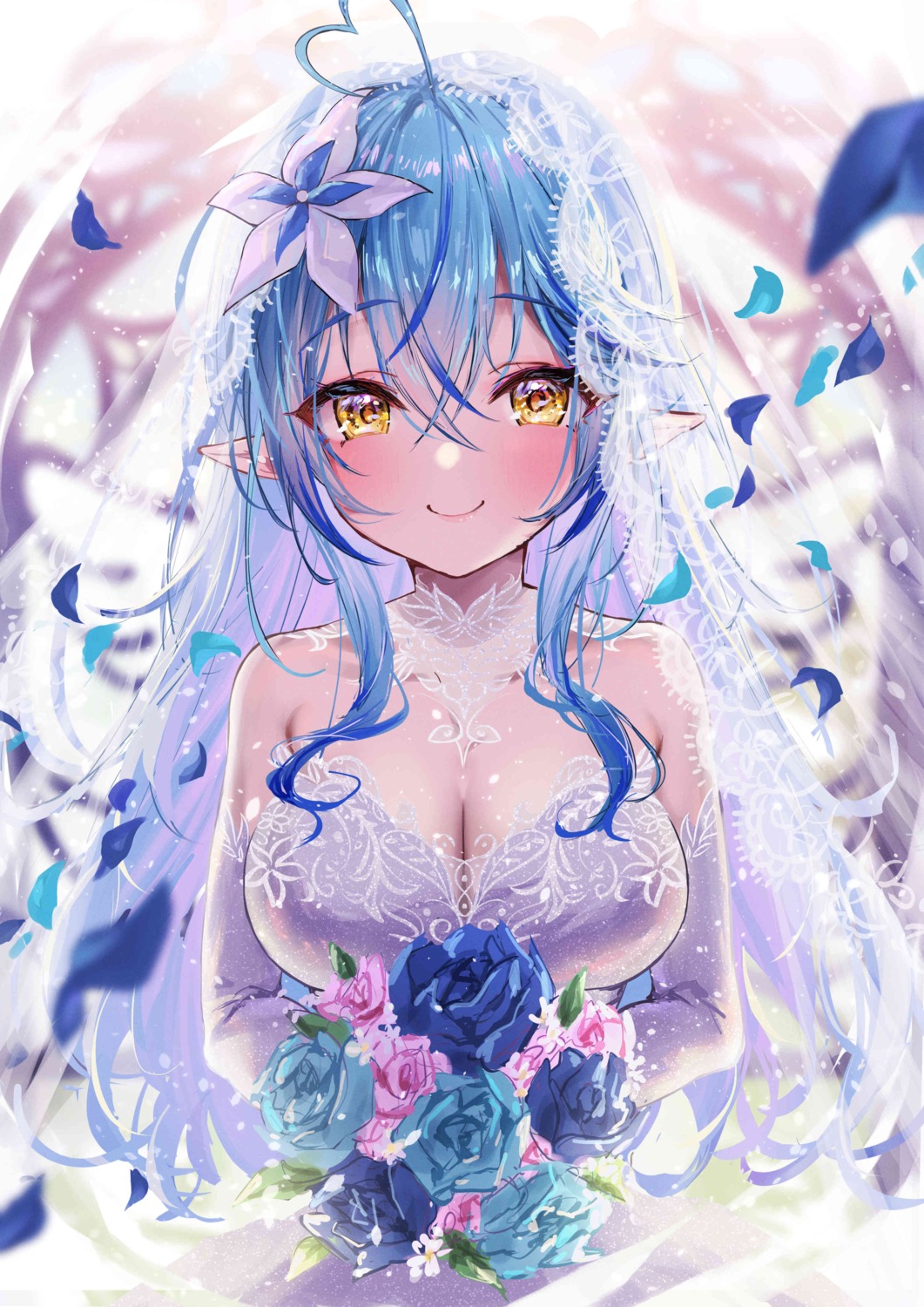 dress elf hololive misekiss no_bra pointy_ears wedding_dress yukihana_lamy