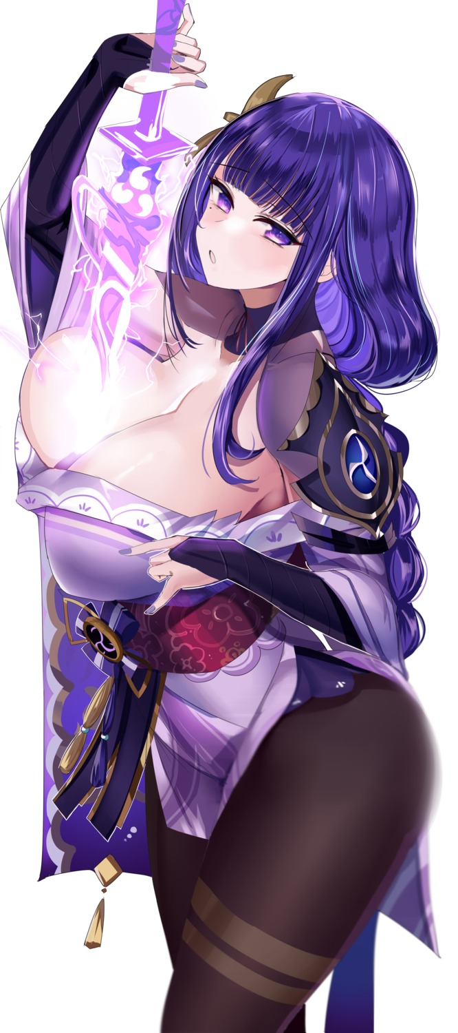 armor breasts genshin_impact hanasaka_houcha japanese_clothes no_bra open_shirt pantyhose raiden_shogun sword