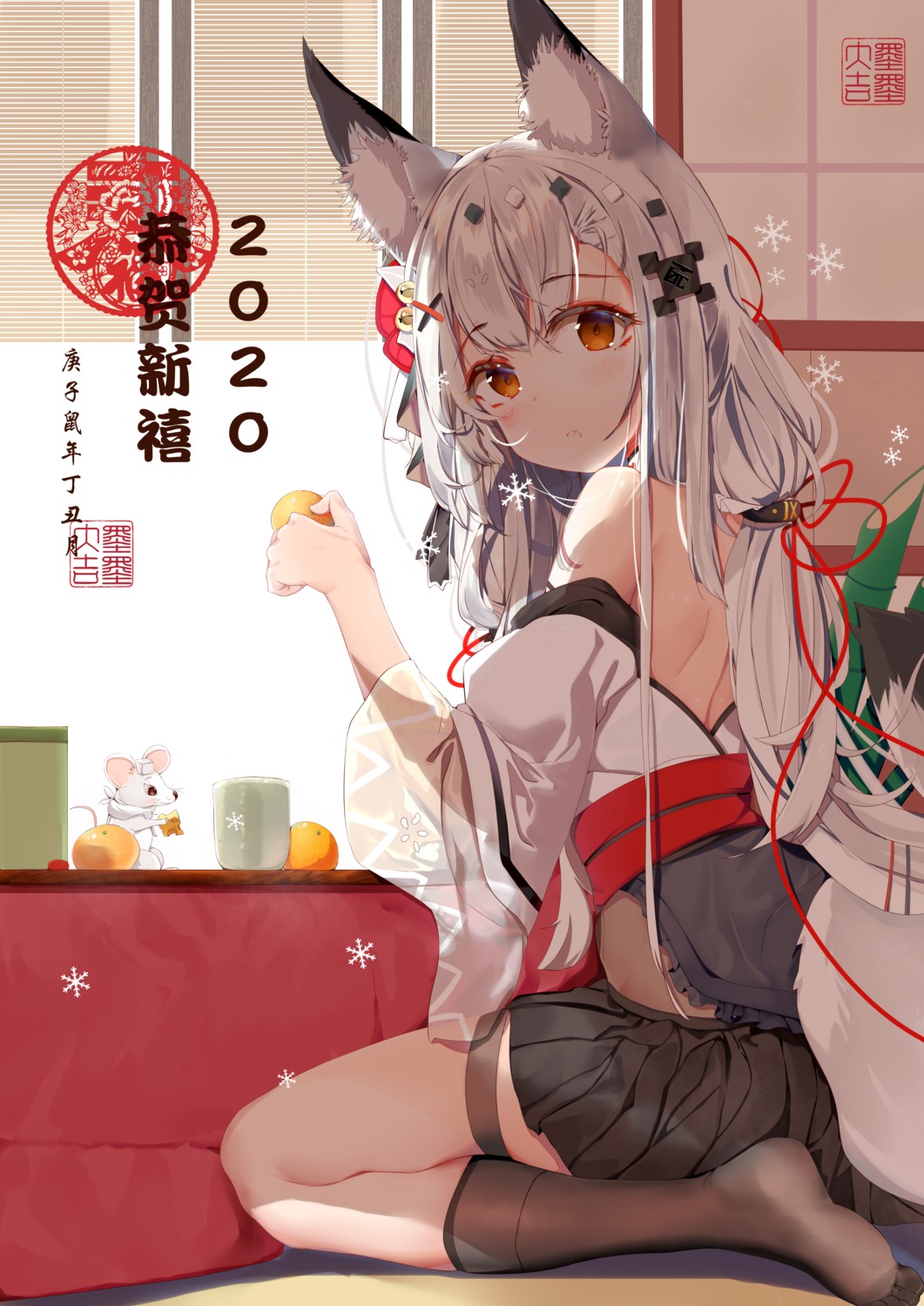 animal_ears garter japanese_clothes tail yue_(qtxyjiang)