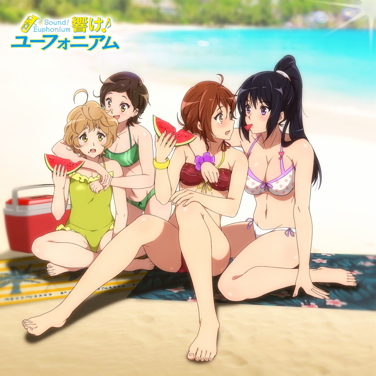 bikini cleavage feet hibike!_euphonium katou_hazuki_(hibike!_euphonium) kawashima_sapphire kousaka_reina oumae_kumiko sbel02 swimsuits yuri