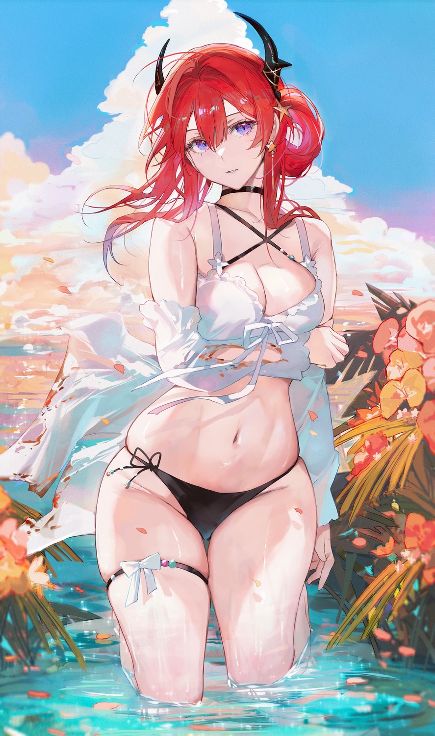 arknights bikini garter horns qiandaiyiyu surtr_(arknights) swimsuits wet