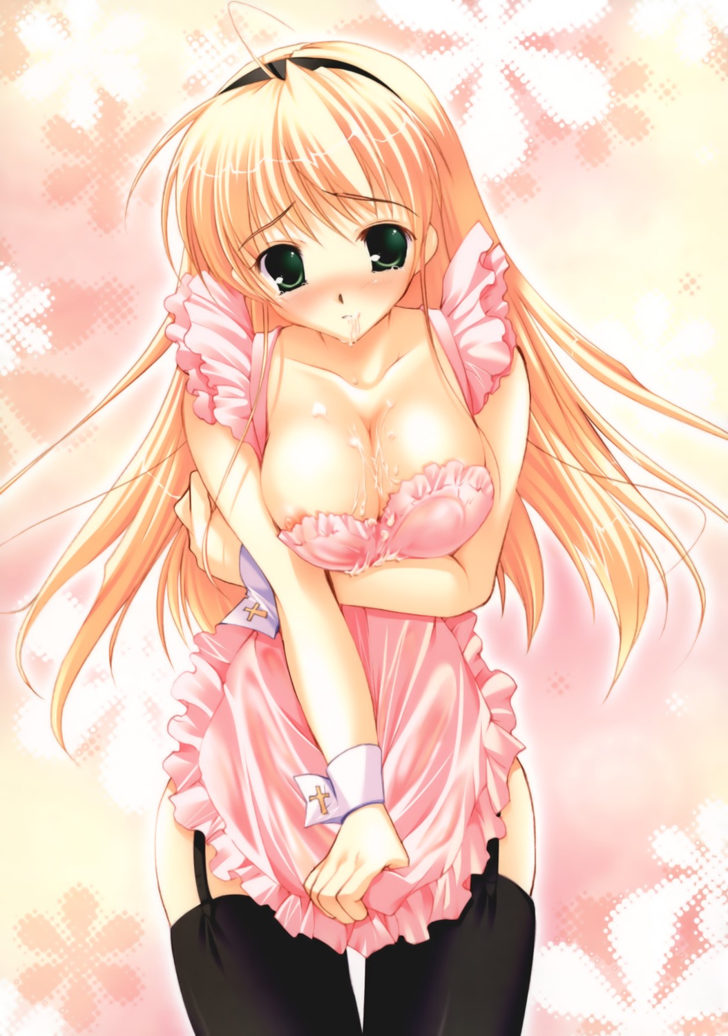 breast_hold breasts cum marmalade mikeou miraroma naked_apron nipple_slip nipples seihouin_erika stockings thighhighs