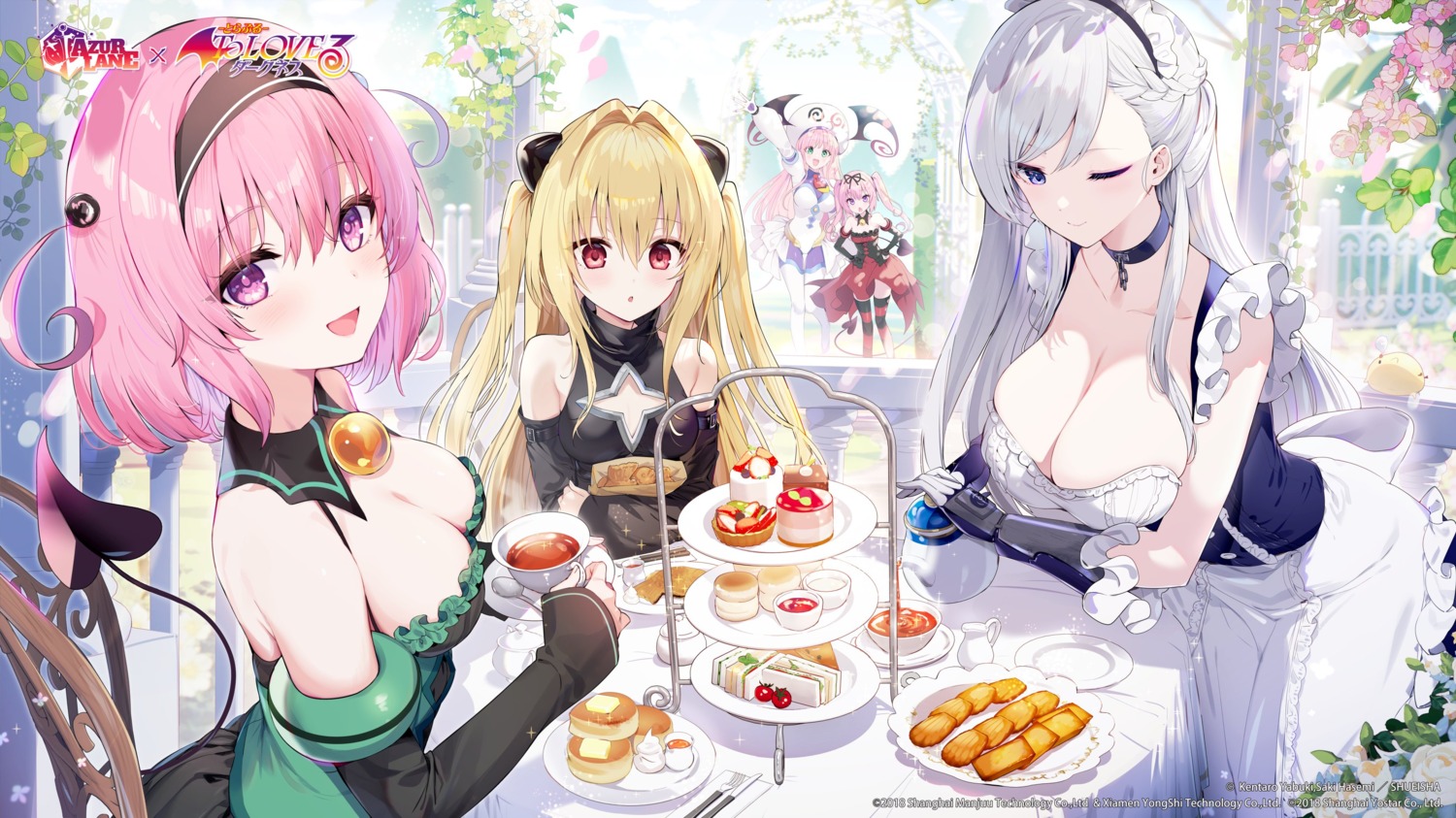 azur_lane belfast_(azur_lane) crossover dress golden_darkness kat_(bu-kunn) lala_satalin_deviluke leotard maid momo_velia_deviluke nana_asta_deviluke no_bra pantyhose tail thighhighs to_love_ru to_love_ru_darkness wings