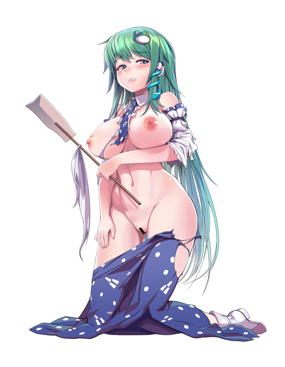 breast_hold breasts censored ddism kochiya_sanae nipples no_bra nopan pussy torn_clothes touhou