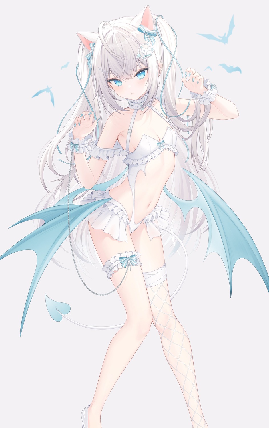 animal_ears bandages devil fishnets garter halloween heels indie_virtual_youtuber nekomimi no_bra petr_petrichor snow_is tail wings