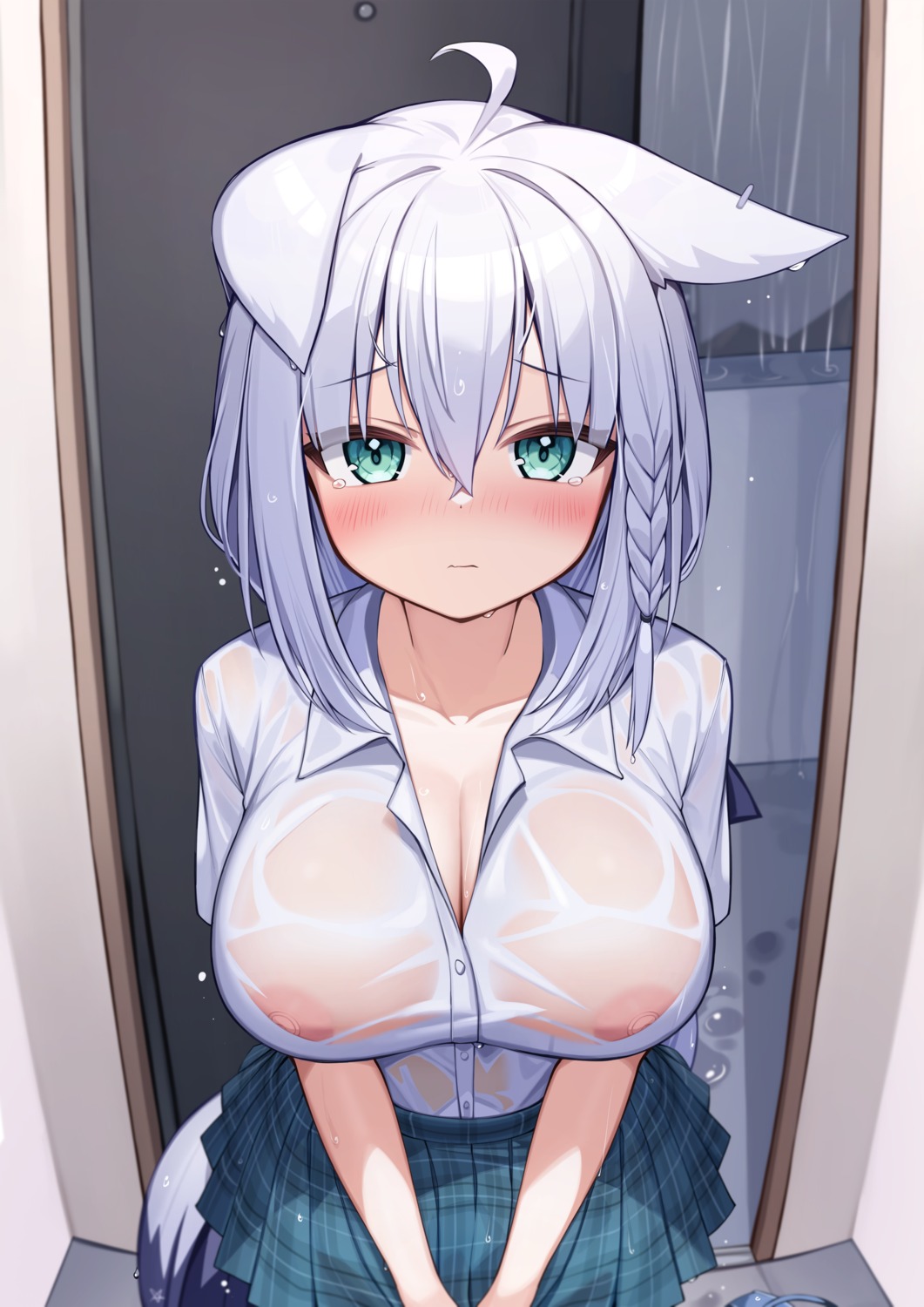 animal_ears deaver hololive hololive_gamers kitsune nipples no_bra open_shirt see_through seifuku shirakami_fubuki tail wet_clothes