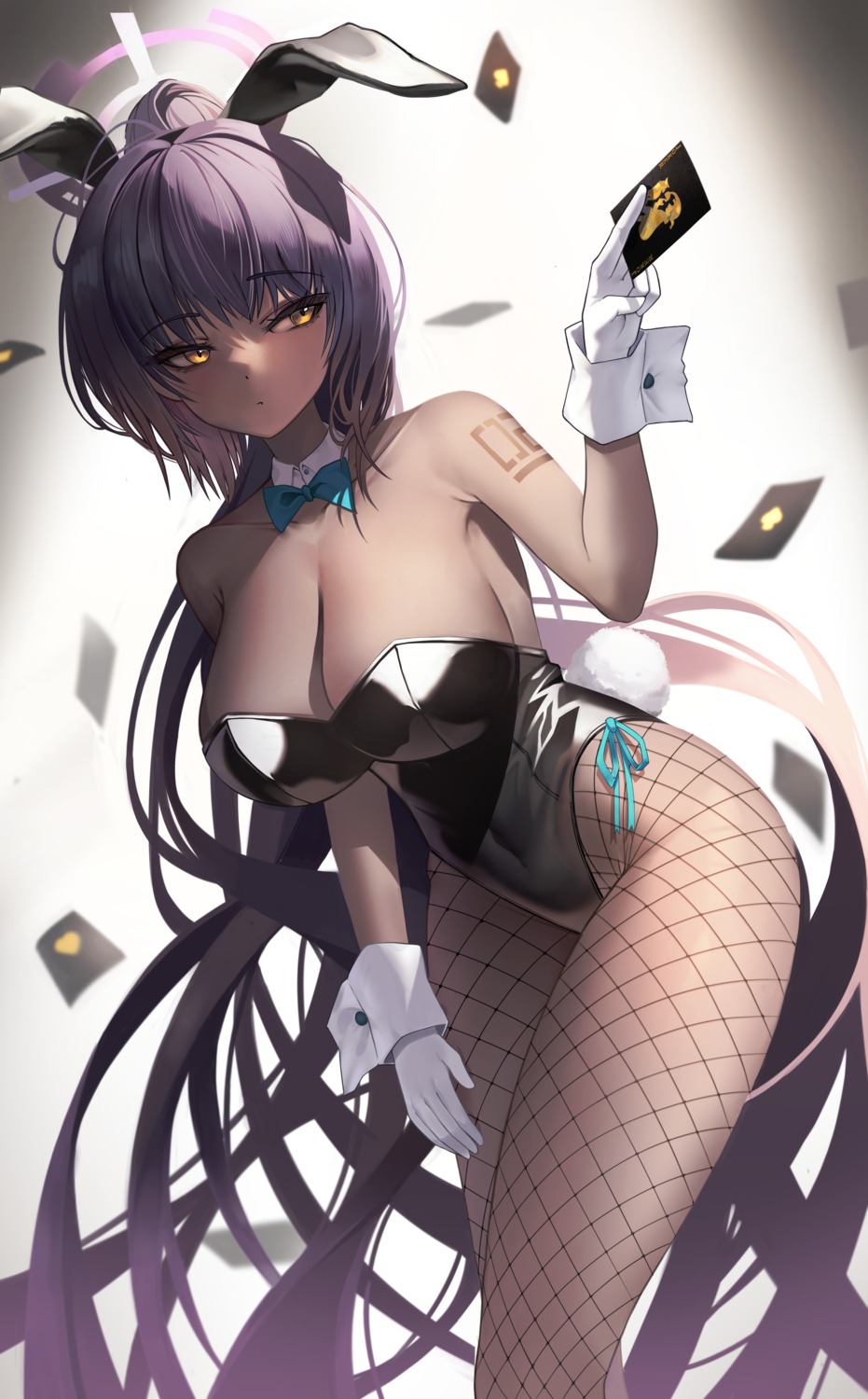 animal_ears blue_archive bunny_ears bunny_girl fishnets halo jaffna kakudate_karin no_bra pantyhose tail tattoo