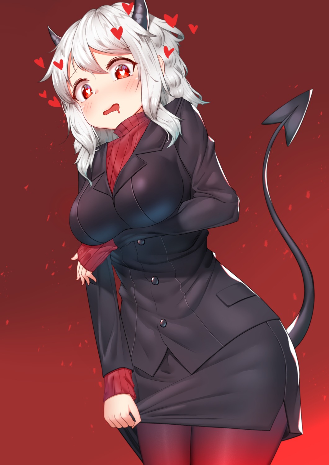 breast_hold business_suit deaver helltaker horns modeus_(helltaker) pantyhose skirt_lift sweater tail