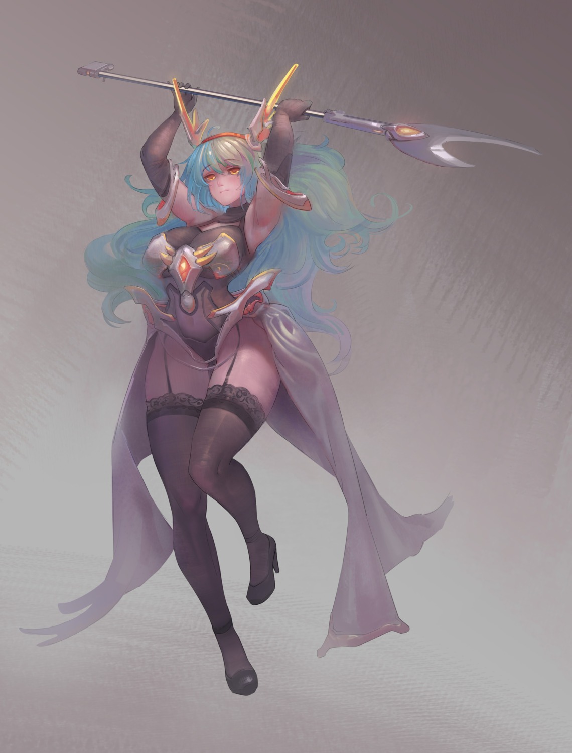 armor heels horns leotard see_through stockings thighhighs weapon xionghan_de_guangtou