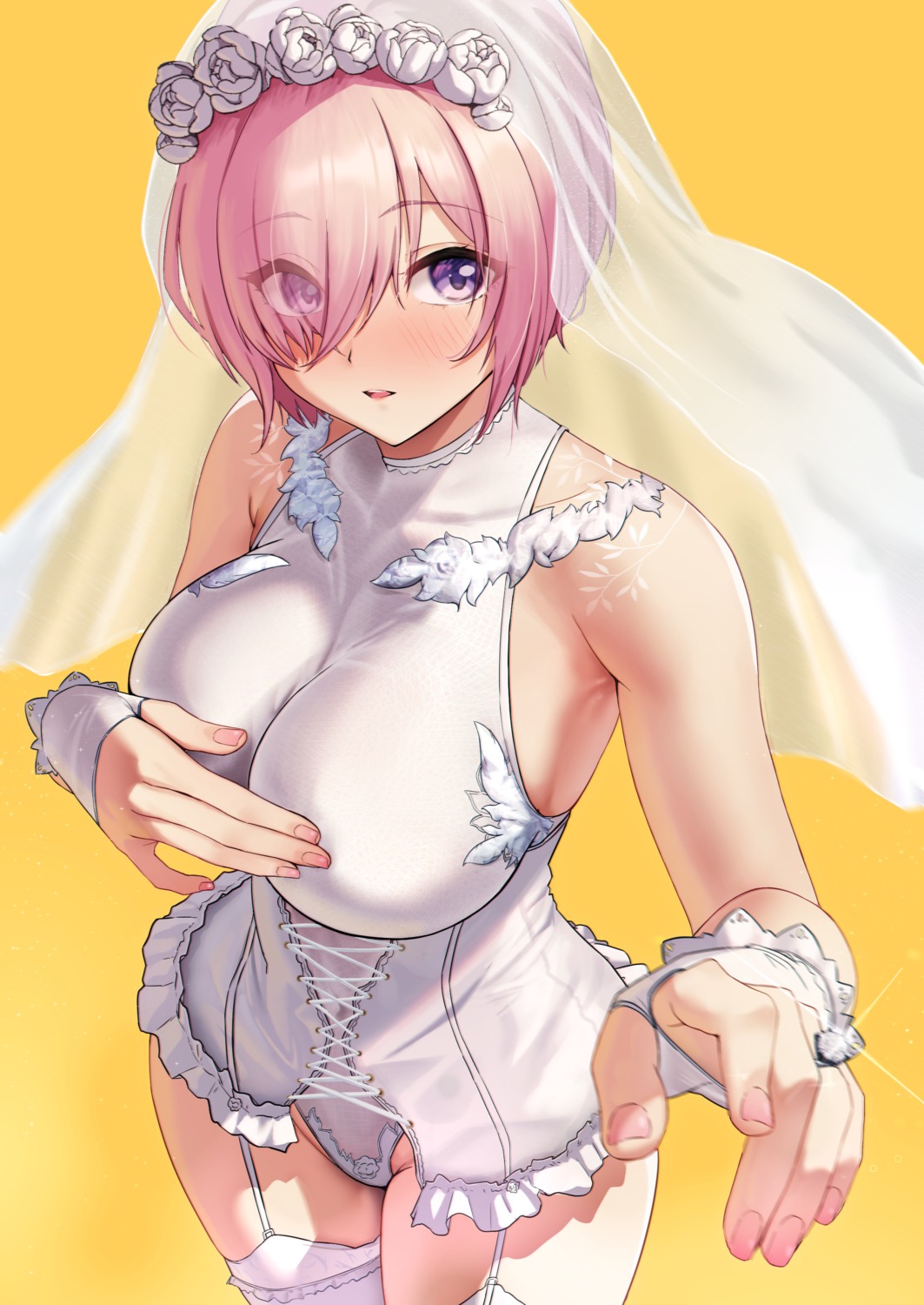 breast_hold fate/grand_order leotard lingerie mash_kyrielight solar_(happymonk) stockings thighhighs