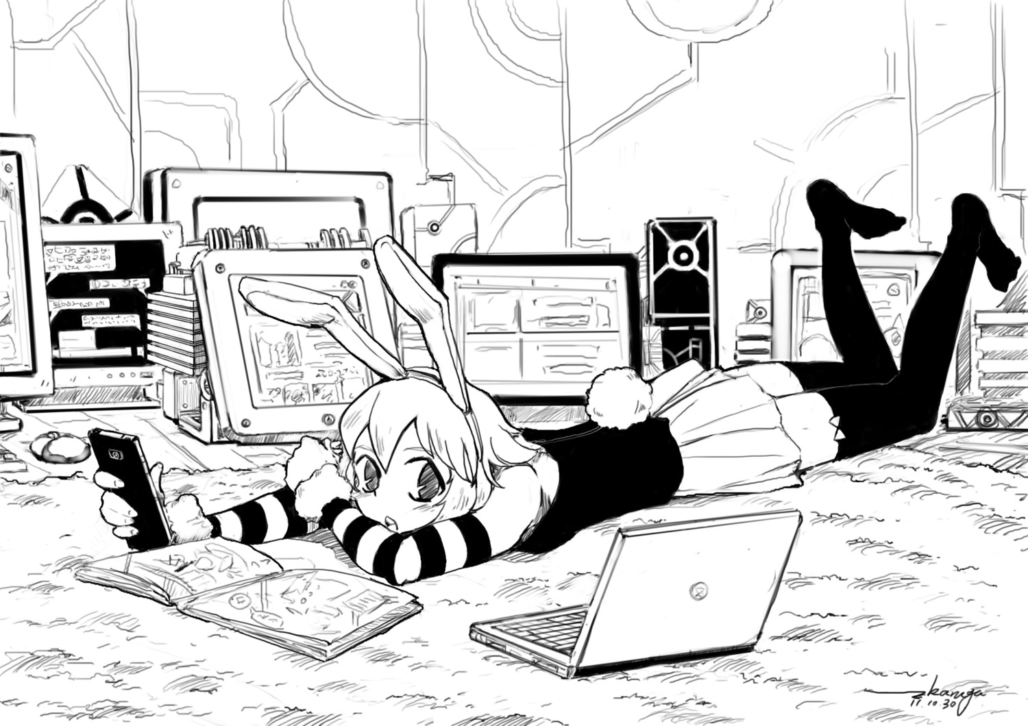 animal_ears bunny_ears hunter_x_hunter ik004 monochrome thighhighs