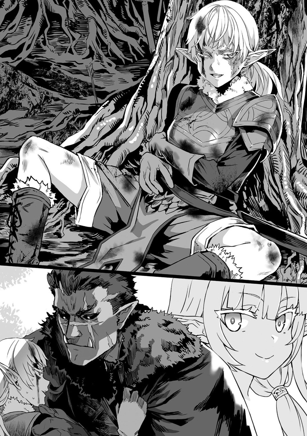 armor asanagi azalea_(orc_eroica) bash blood elf monochrome orc_eiyuu_monogatari pointy_ears thunder_sonia