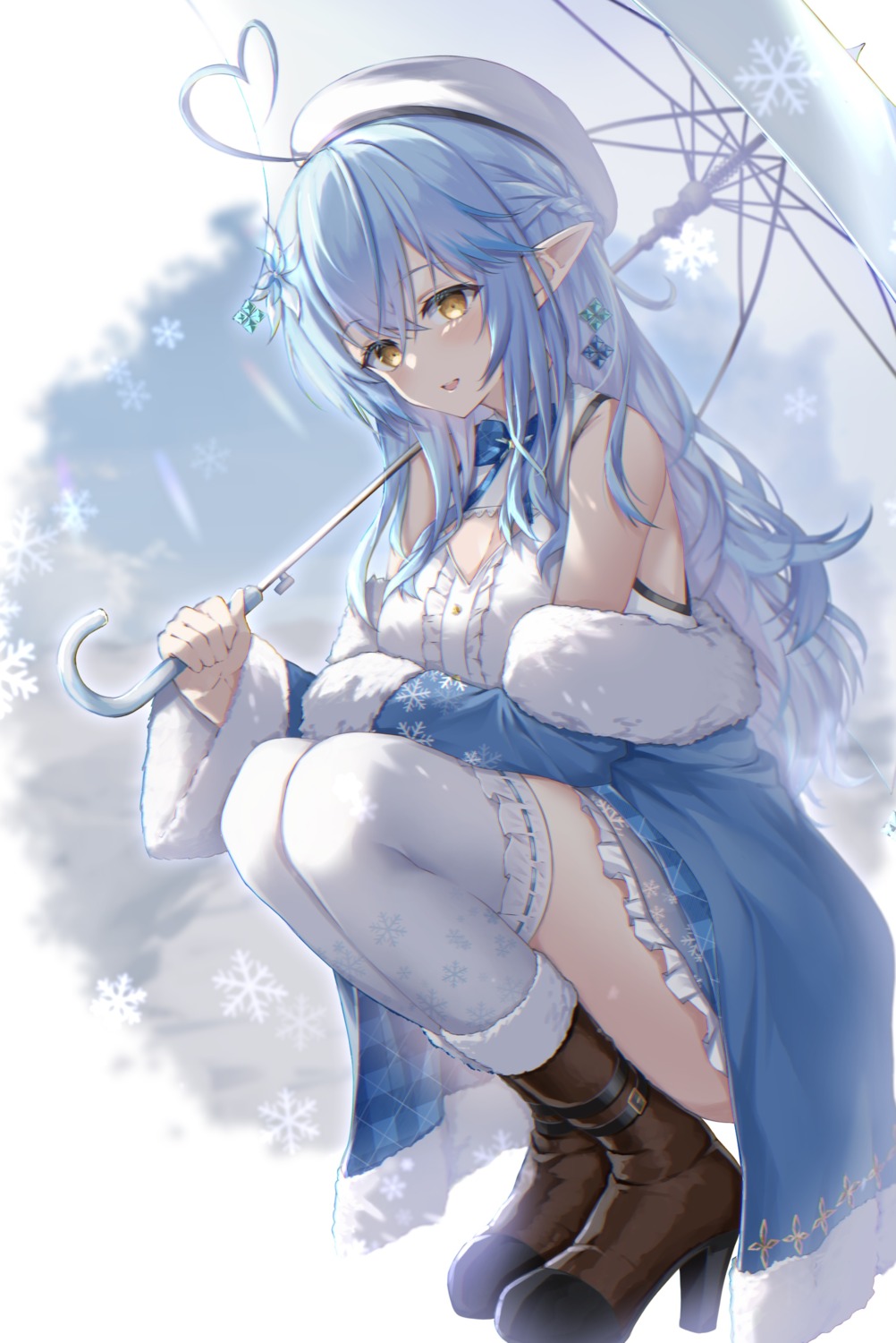 elf fuchi_(0616tk) heels hololive pointy_ears skirt_lift thighhighs umbrella yukihana_lamy