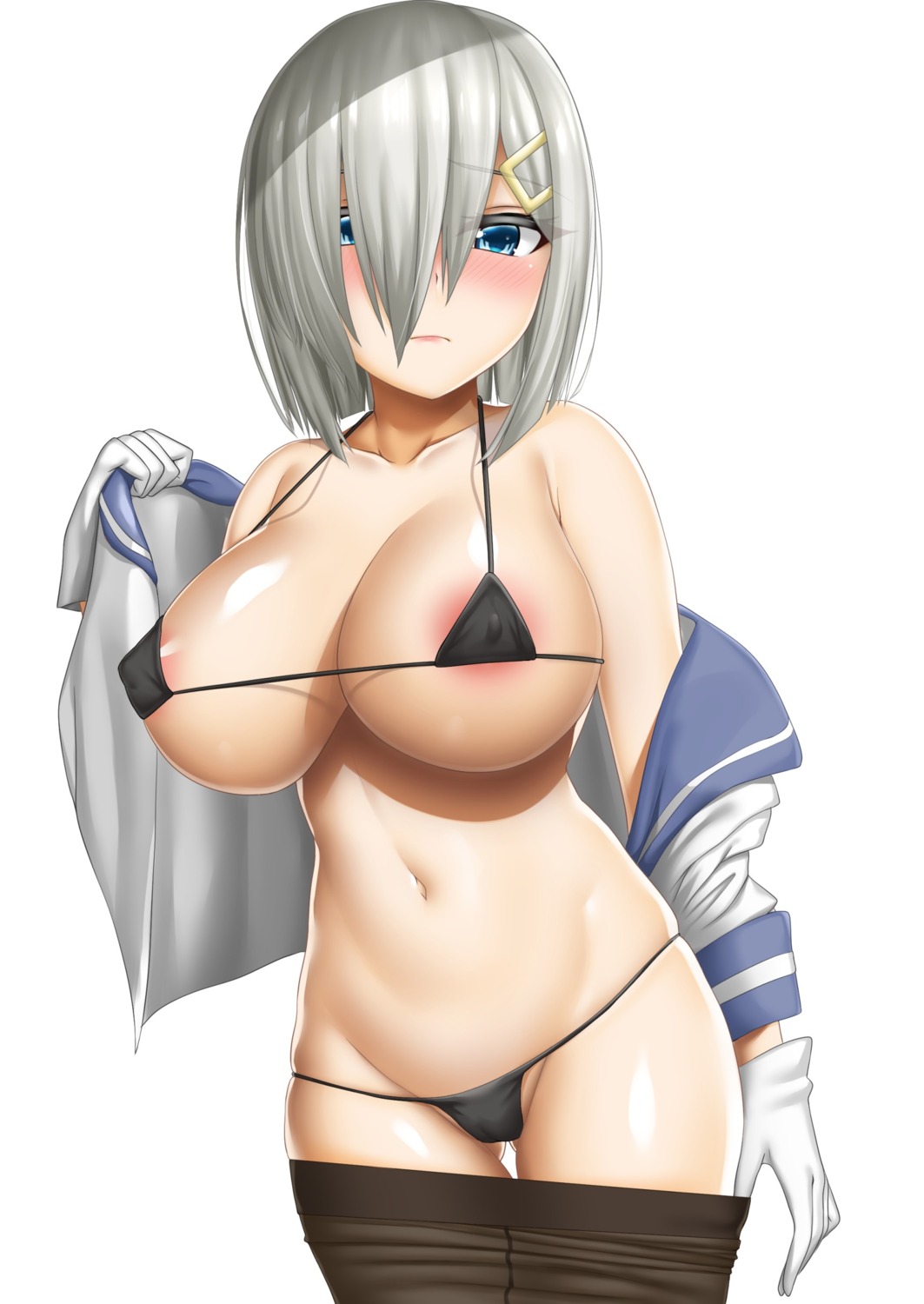 abukobato areola bikini erect_nipples hamakaze_(kancolle) kantai_collection open_shirt pantyhose seifuku swimsuits undressing