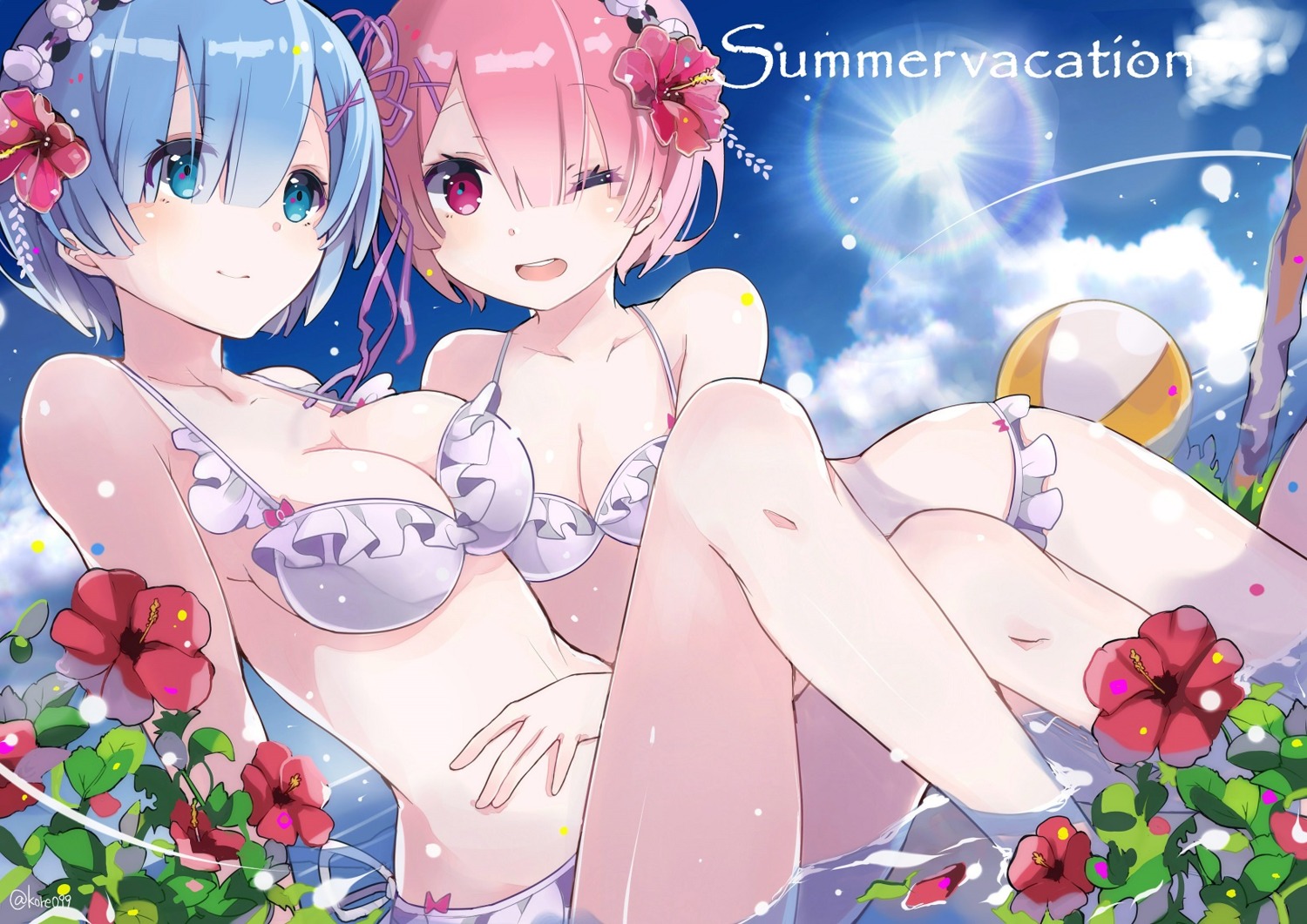 bikini cleavage kyou_hotaru ram_(re_zero) re_zero_kara_hajimeru_isekai_seikatsu rem_(re_zero) swimsuits wet