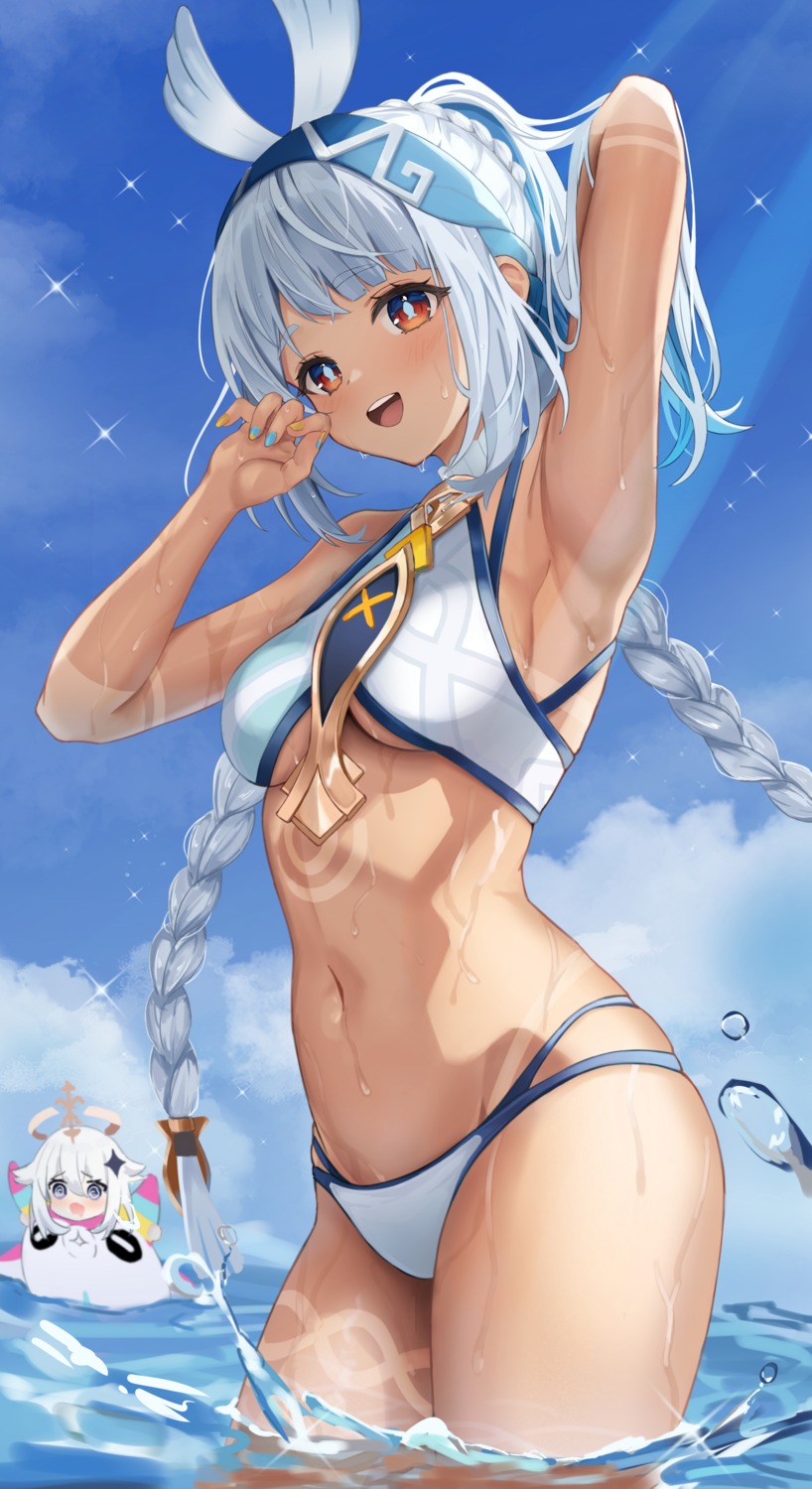 bikini genshin_impact loli melvis mualani paimon swimsuits tan_lines wet