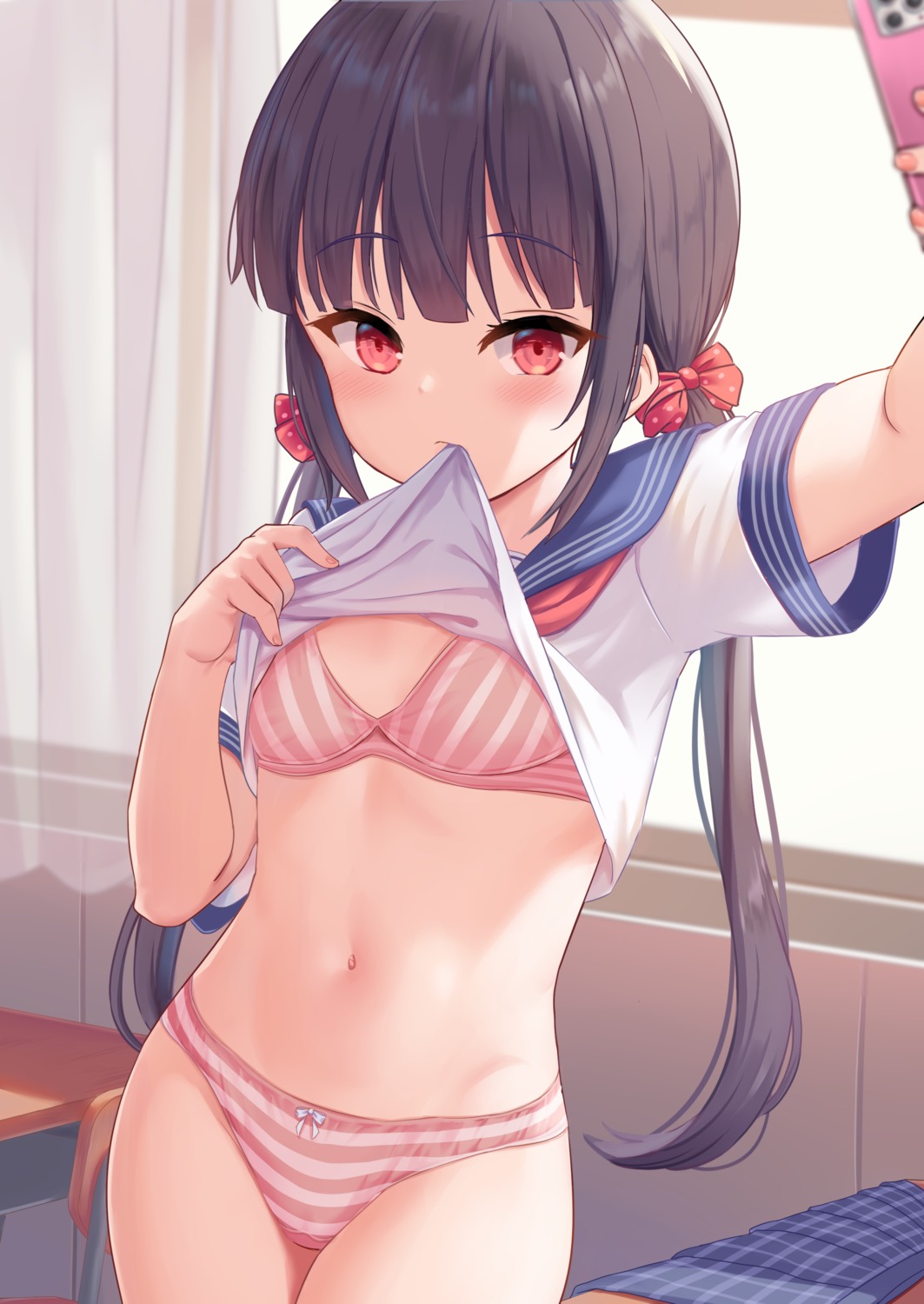 bra loli milkshake_(artist) pantsu seifuku selfie shimapan shirt_lift