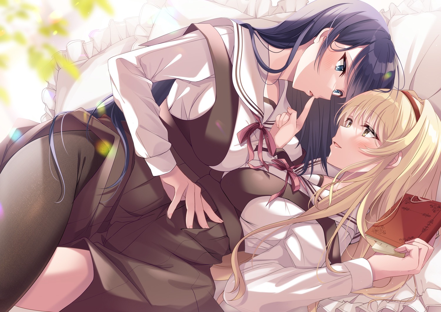 akatsuki_(aktk511) pantyhose seifuku skirt_lift symmetrical_docking yuri