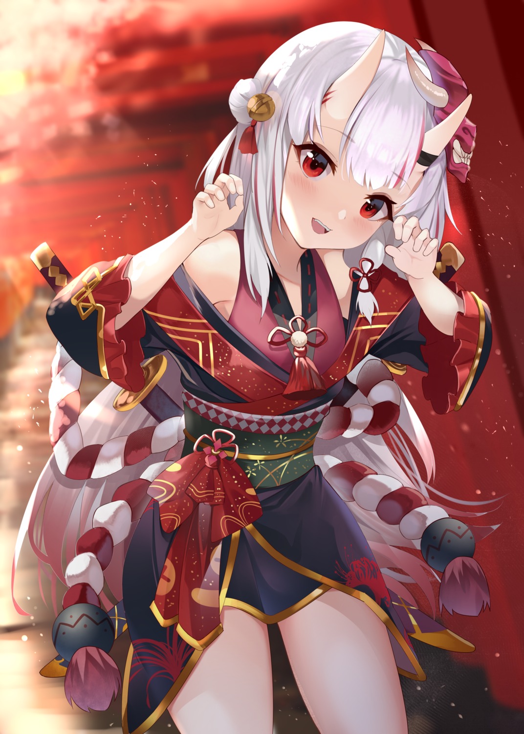 hololive horns japanese_clothes kananote nakiri_ayame sword