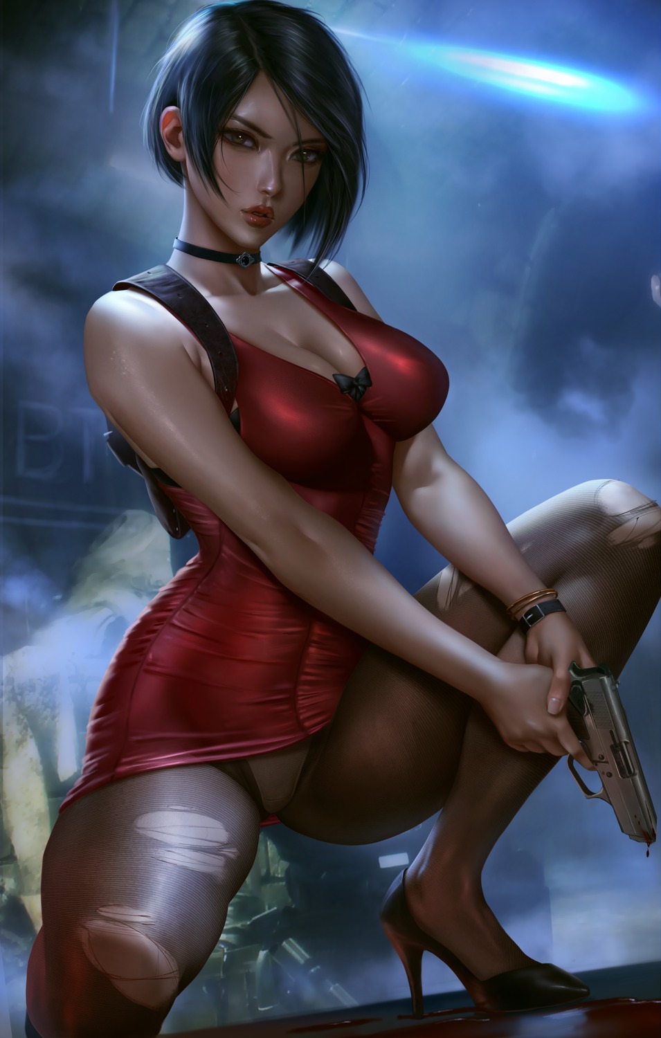 ada_wong blood cleavage dress gun heels logan_cure no_bra pantsu pantyhose resident_evil skirt_lift torn_clothes