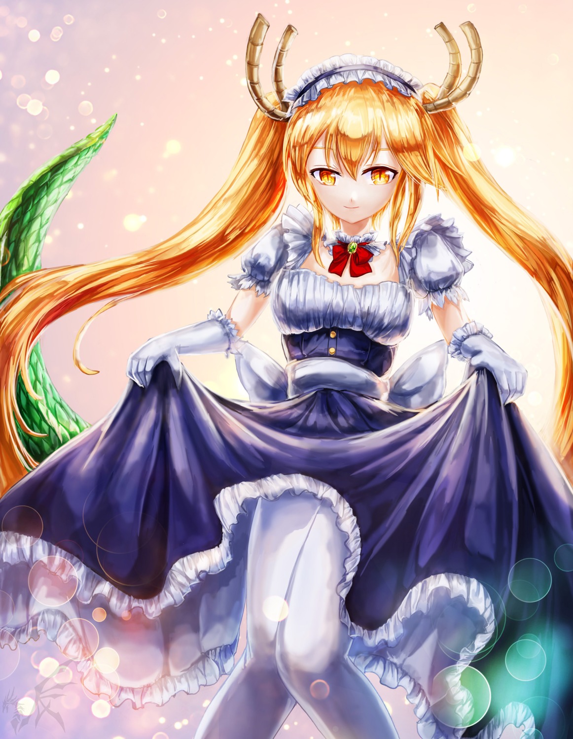 horns kobayashi-san_chi_no_maidragon kuopinchen1 maid pantyhose skirt_lift tail tooru_(maidragon)