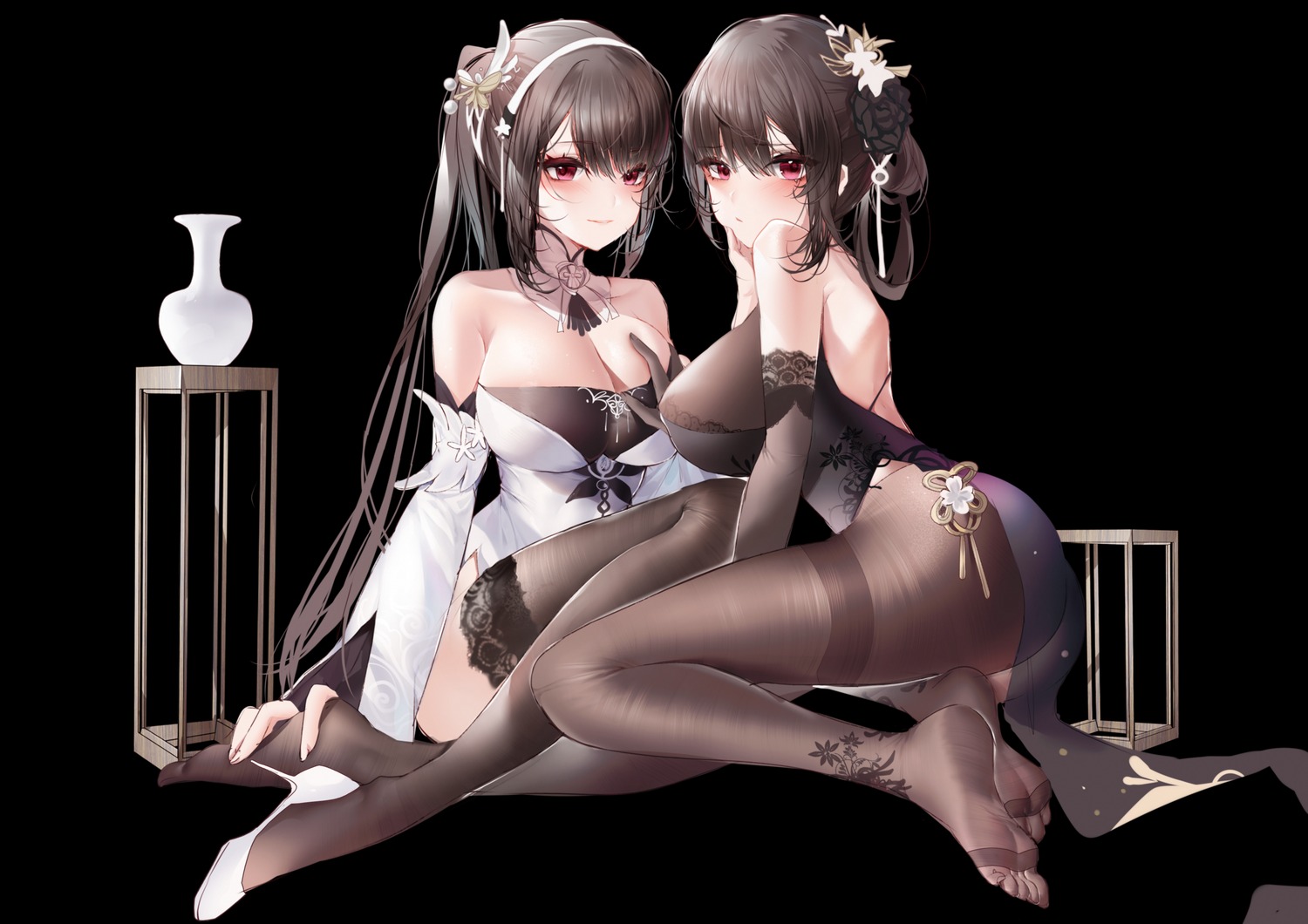 azur_lane chen_hai_(azur_lane) chinadress heels no_bra pantyhose thighhighs xiongshouji yuri