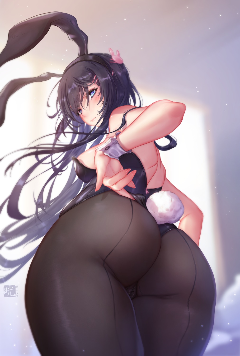 animal_ears ass bunny_ears bunny_girl cameltoe mitsu_(mitsu_art) no_bra pantyhose sakurajima_mai seishun_buta_yarou tail