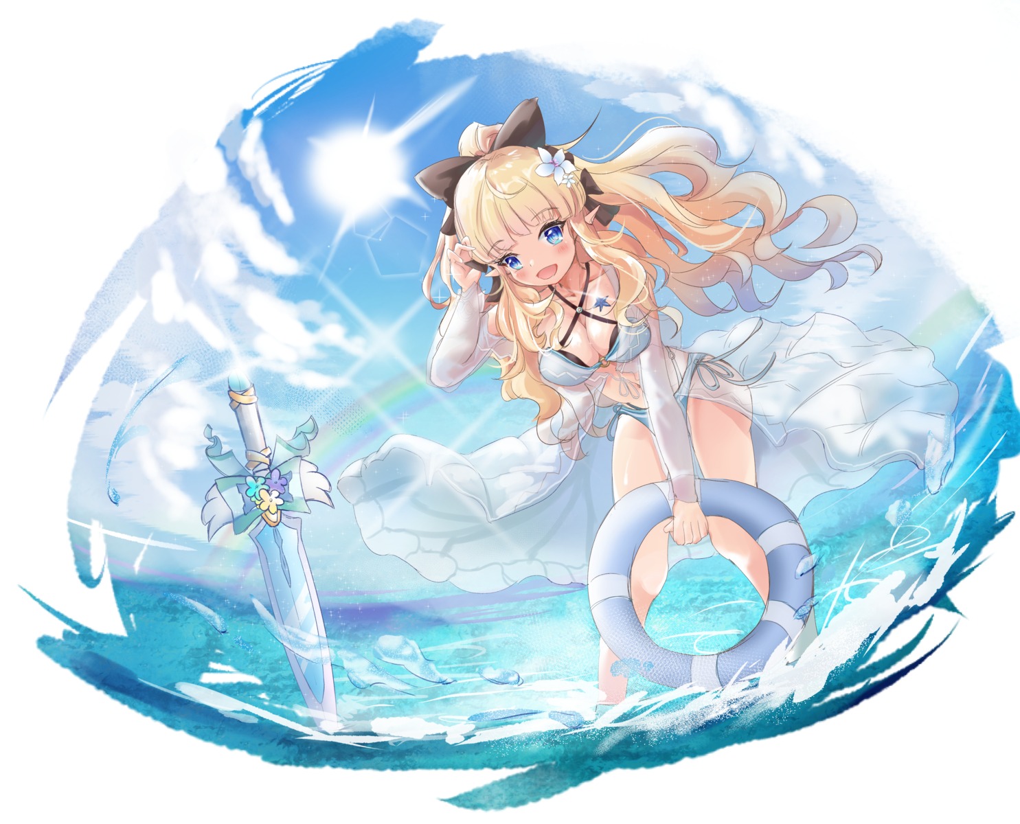 bikini fishgolden open_shirt pointy_ears princess_connect princess_connect!_re:dive sasaki_saren see_through swimsuits sword wet