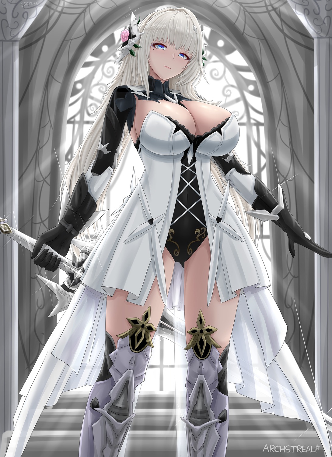 archstreal bianca_(punishing:_gray_raven) dress leotard punishing:_gray_raven sword thighhighs