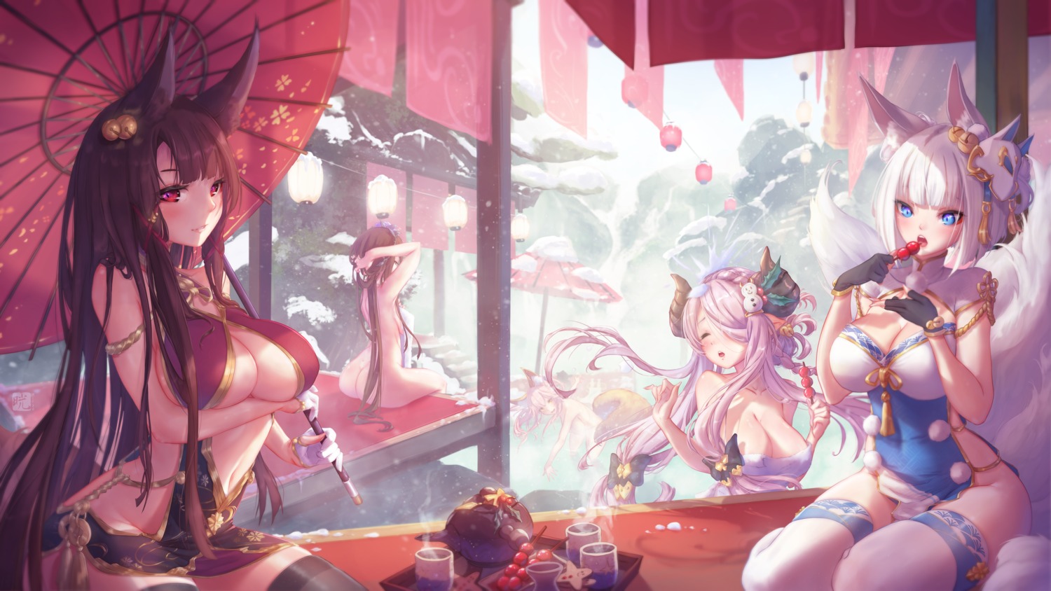 akagi_(azur_lane) animal_ears ass azur_lane breast_hold chinadress cleavage crossover fate/grand_order granblue_fantasy horns kaga_(azur_lane) kitsune mitsu_(mitsu_art) naked narumeia_(granblue_fantasy) no_bra onsen pointy_ears rosetta_(granblue_fantasy) skirt_lift tail tamamo_no_mae thighhighs towel umbrella wet