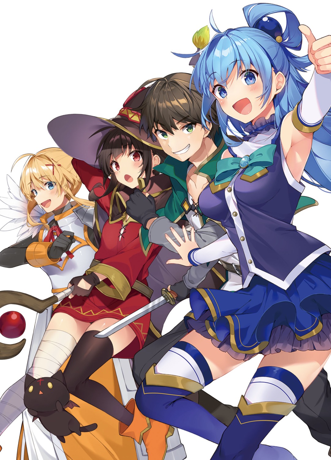 aqua_(konosuba) armor bandages chomusuke dress dustiness_ford_raratina heels kono_subarashii_sekai_ni_shukufuku_wo! megumin mishima_kurone satou_kazuma sword thighhighs weapon witch