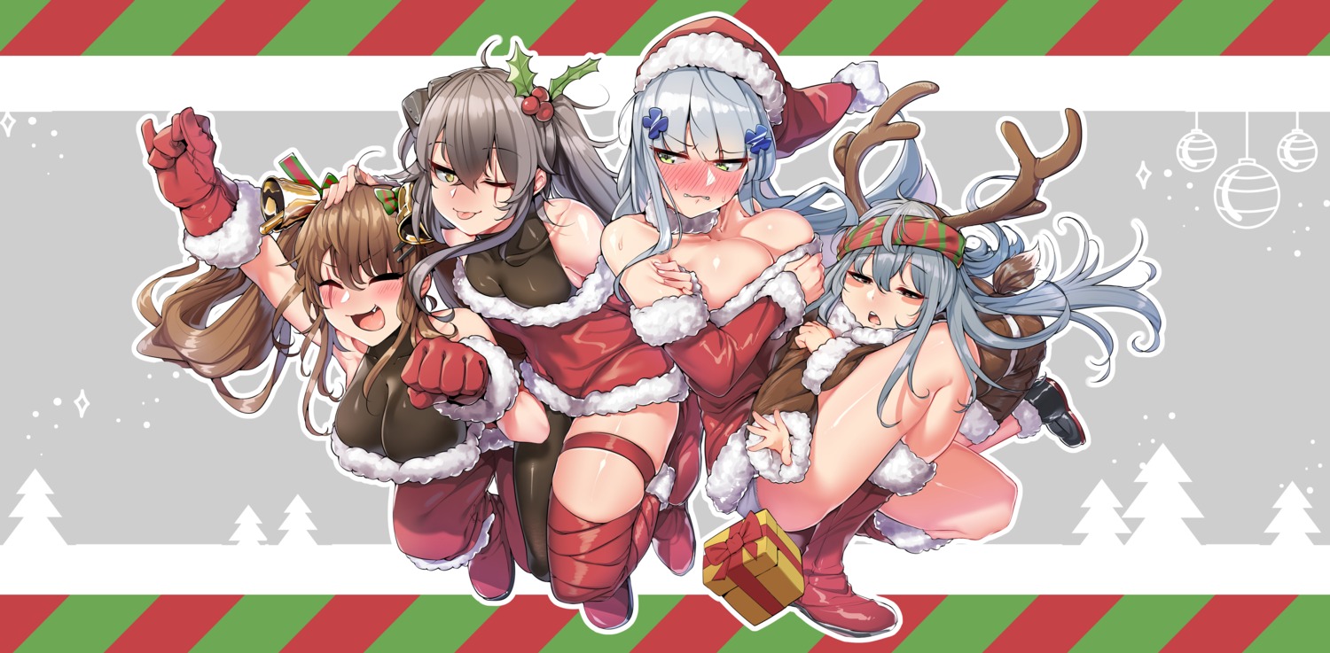 breast_hold christmas dress g11_(girls_frontline) garter girls_frontline hk416_(girls_frontline) horns no_bra pantsu sd_bigpie skirt_lift tail thighhighs ump45_(girls_frontline) ump9_(girls_frontline)