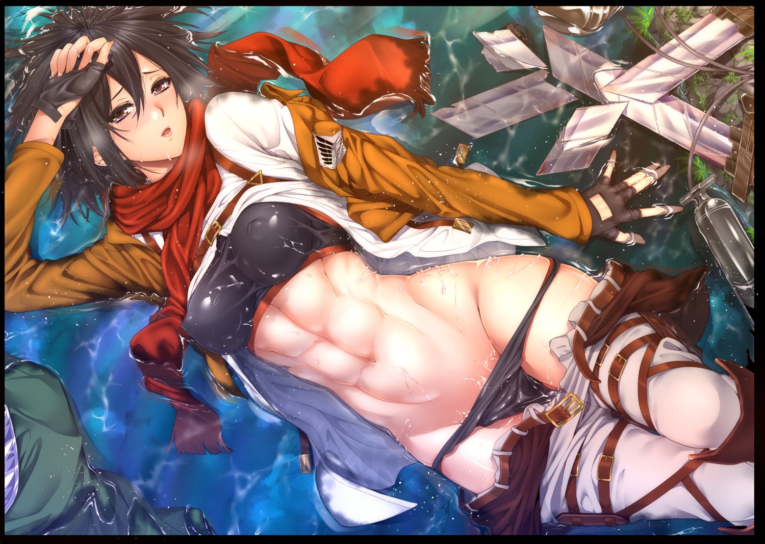 bra erect_nipples mikasa_ackerman open_shirt pantsu panty_pull shingeki_no_kyojin uniform wet wet_clothes zucchini