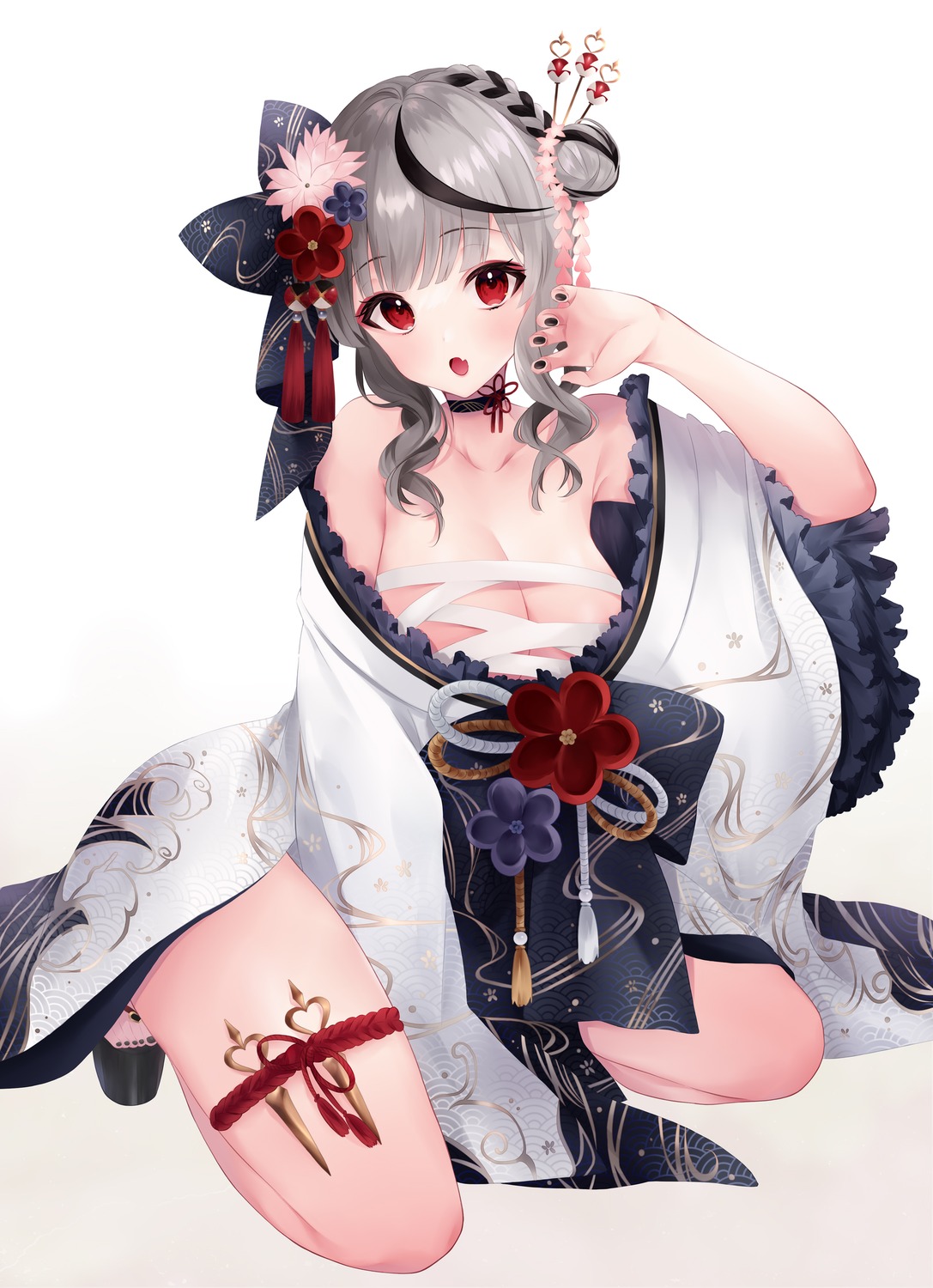 garter hololive japanese_clothes open_shirt orii_(fsgp5252) sakamata_chloe sarashi weapon