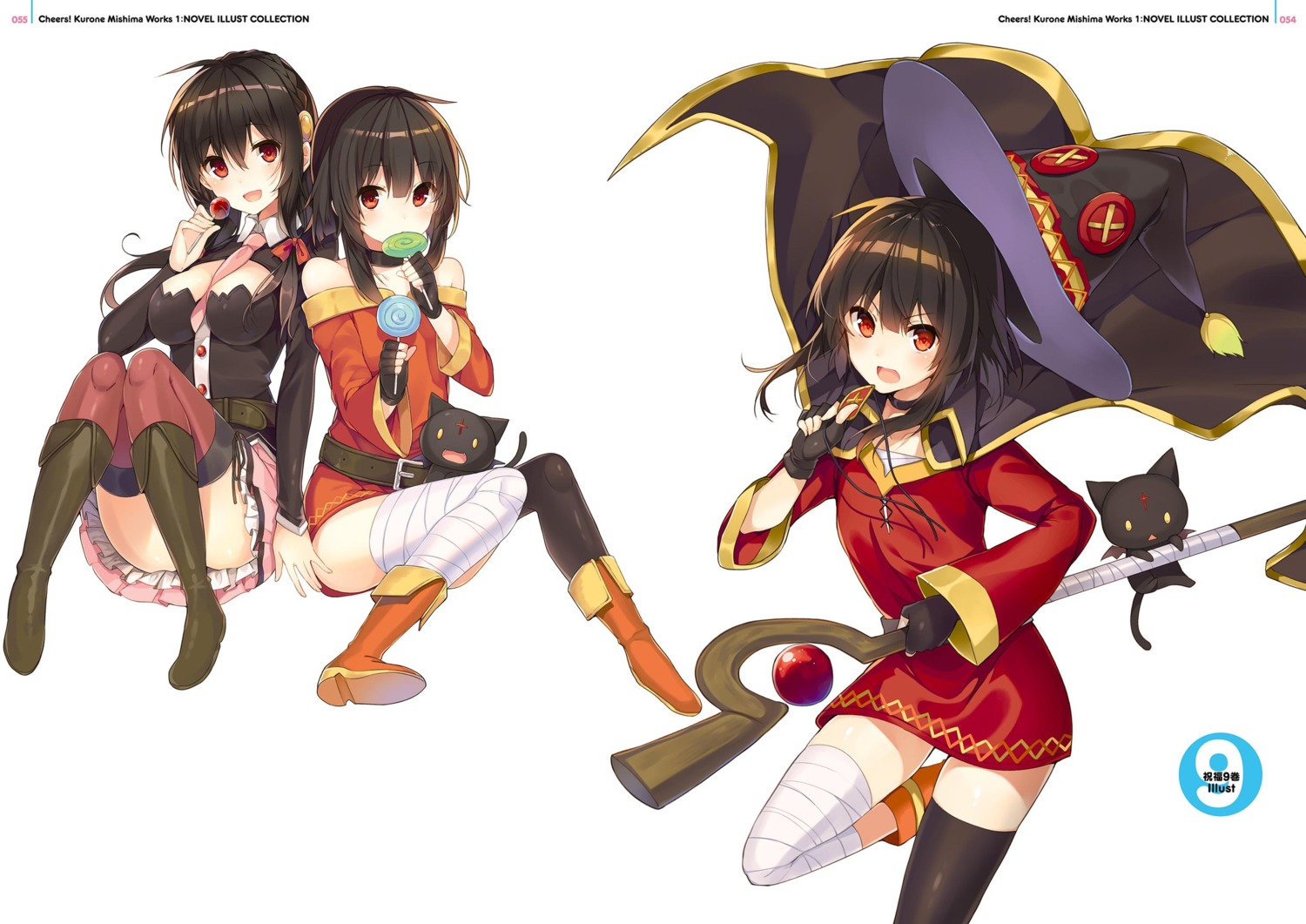 bandages cleavage digital_version dress kono_subarashii_sekai_ni_shukufuku_wo! megumin mishima_kurone neko thighhighs weapon witch yunyun_(konosuba)