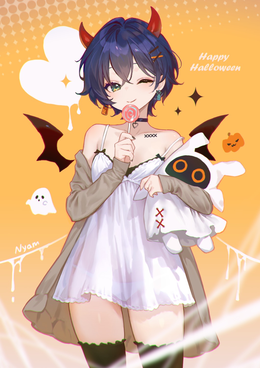 adelie_cat belle_(zenless_zone_zero) halloween horns loli pantsu see_through tattoo thighhighs wings zenless_zone_zero