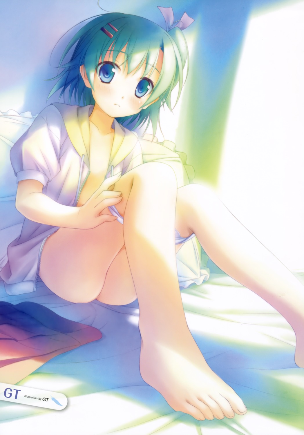 feet gt irotoridori_no_sekai loli no_bra open_shirt pantsu panty_pull sheets toumine_tsukasa undressing