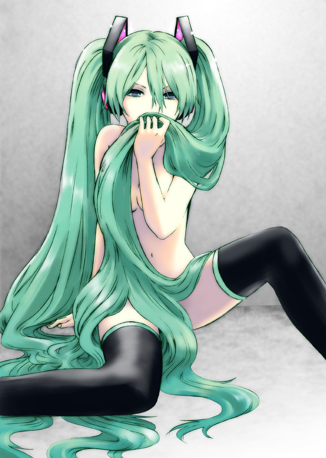 ak2 cleavage hatsune_miku naked thighhighs vocaloid
