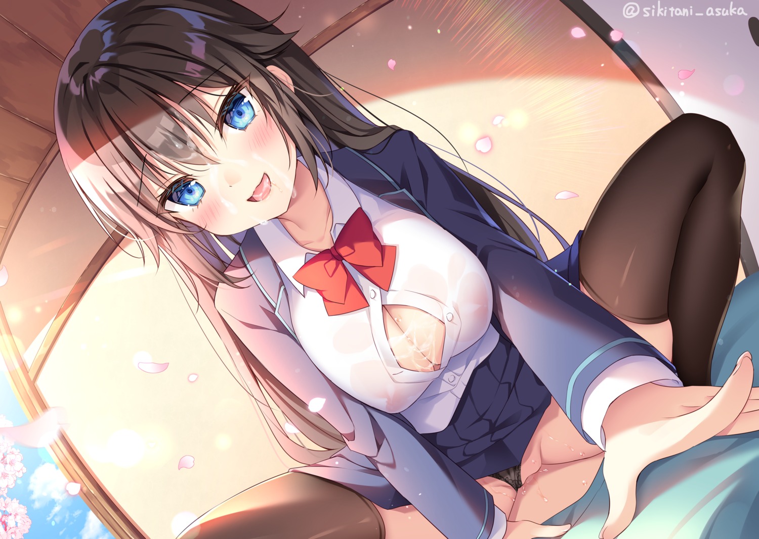 bra cum open_shirt pantsu pussy see_through seifuku shikitani_asuka skirt_lift suzushi_mirai thighhighs