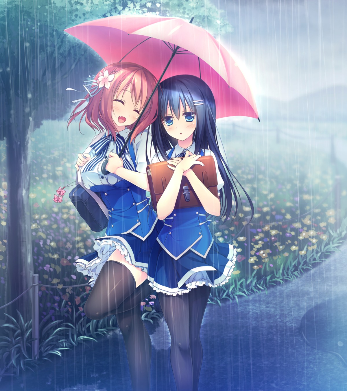 alcot_honeycomb game_cg hoshino_nagisa kimi_no_tonari_de_koishiteru! komatsu_rina motomiya_mitsuki pantyhose seifuku thighhighs umbrella