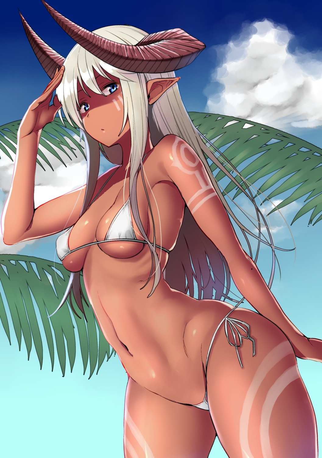 amano_don bikini horns pointy_ears swimsuits tattoo underboob