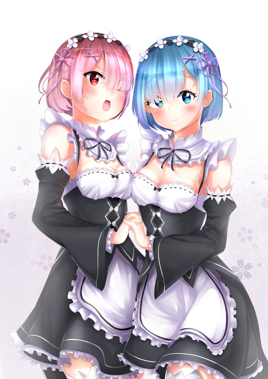 cleavage holmemee maid ram_(re_zero) re_zero_kara_hajimeru_isekai_seikatsu rem_(re_zero) thighhighs