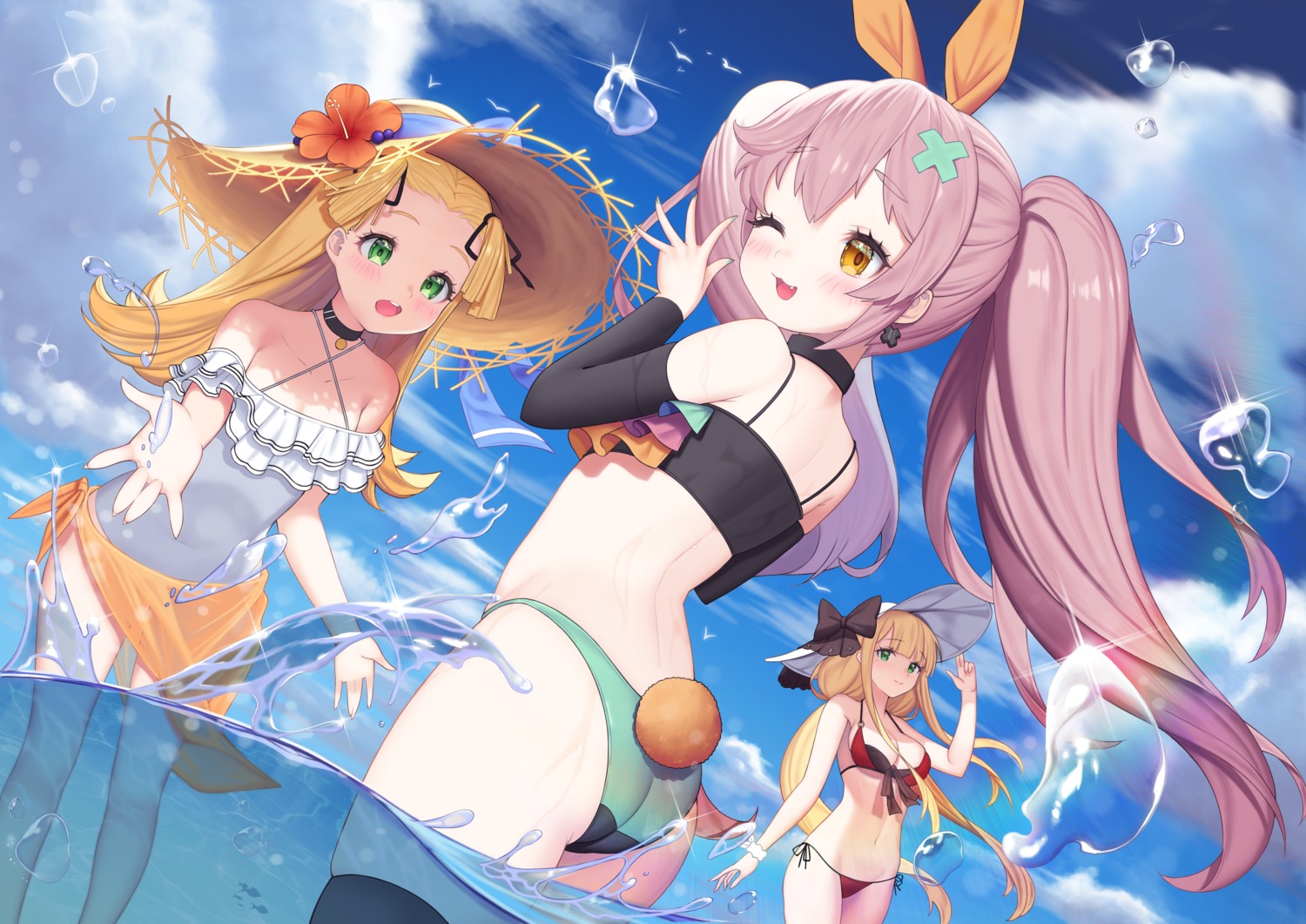 animal_ears ass bikini blue_oath bunny_ears cleavage swimsuits tail thighhighs wet yuri_(chocho_q)