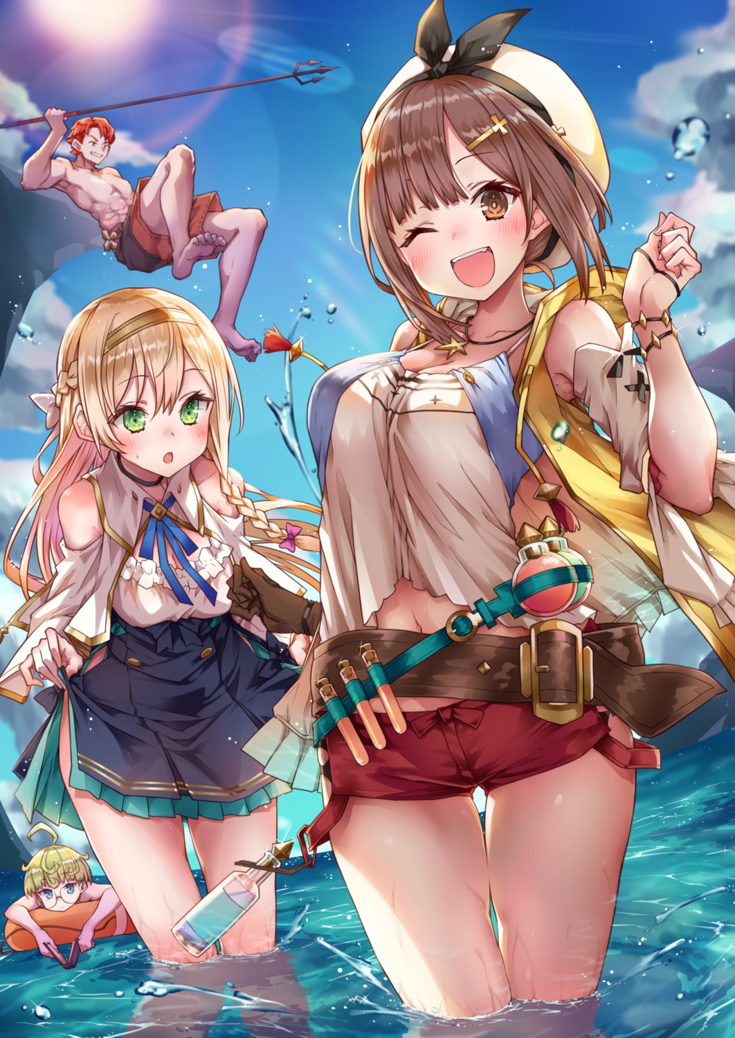 alt atelier atelier_ryza cleavage klaudia_valentz megane reisalin_stout skirt_lift swimsuits weapon wet