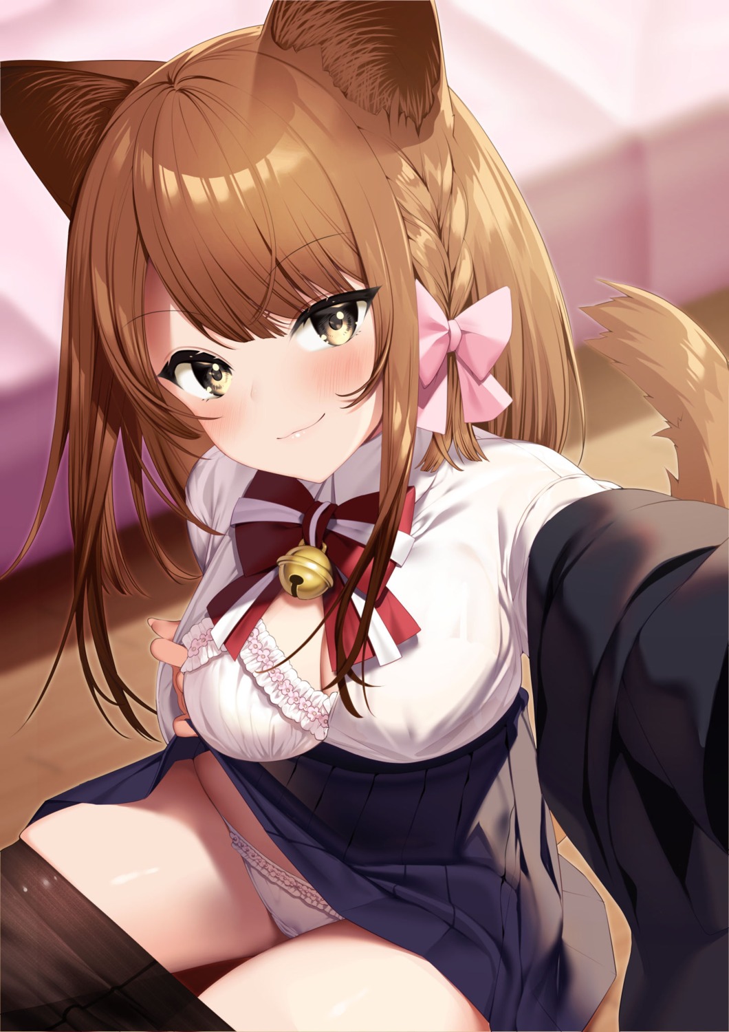 animal_ears bra haiba nekomimi nekosoma_rion open_shirt pantsu pantyhose seifuku selfie skirt_lift tail