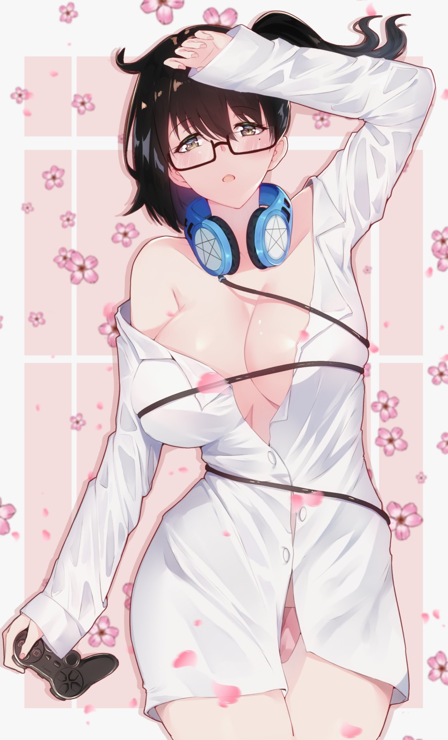 dress_shirt headphones megane no_bra open_shirt pantsu pondsama01